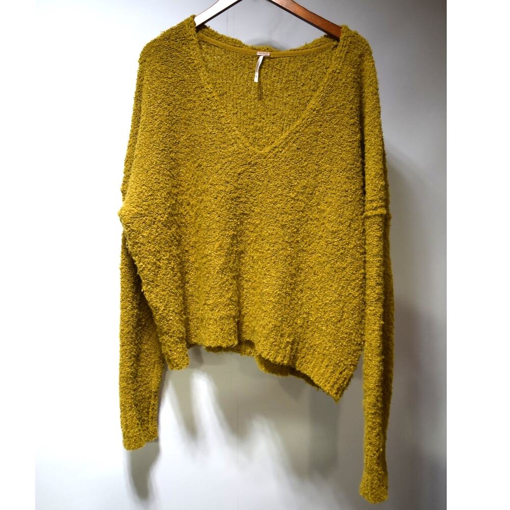 Free People Bouclé V-Neck Sweater Mustard Olive Oversized Size L